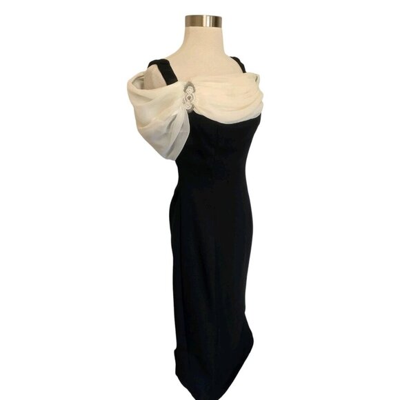 90s Vintage Black Formal Prom Dress Maxi White Tulle Off Shoulder - Picture 1 of 6